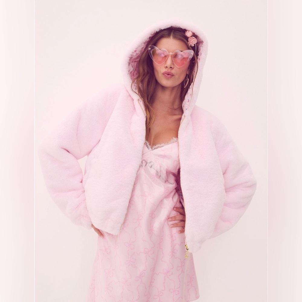 PINK x LoveShackFancy Faux-Fur Cropped Bomber Jacket Medium